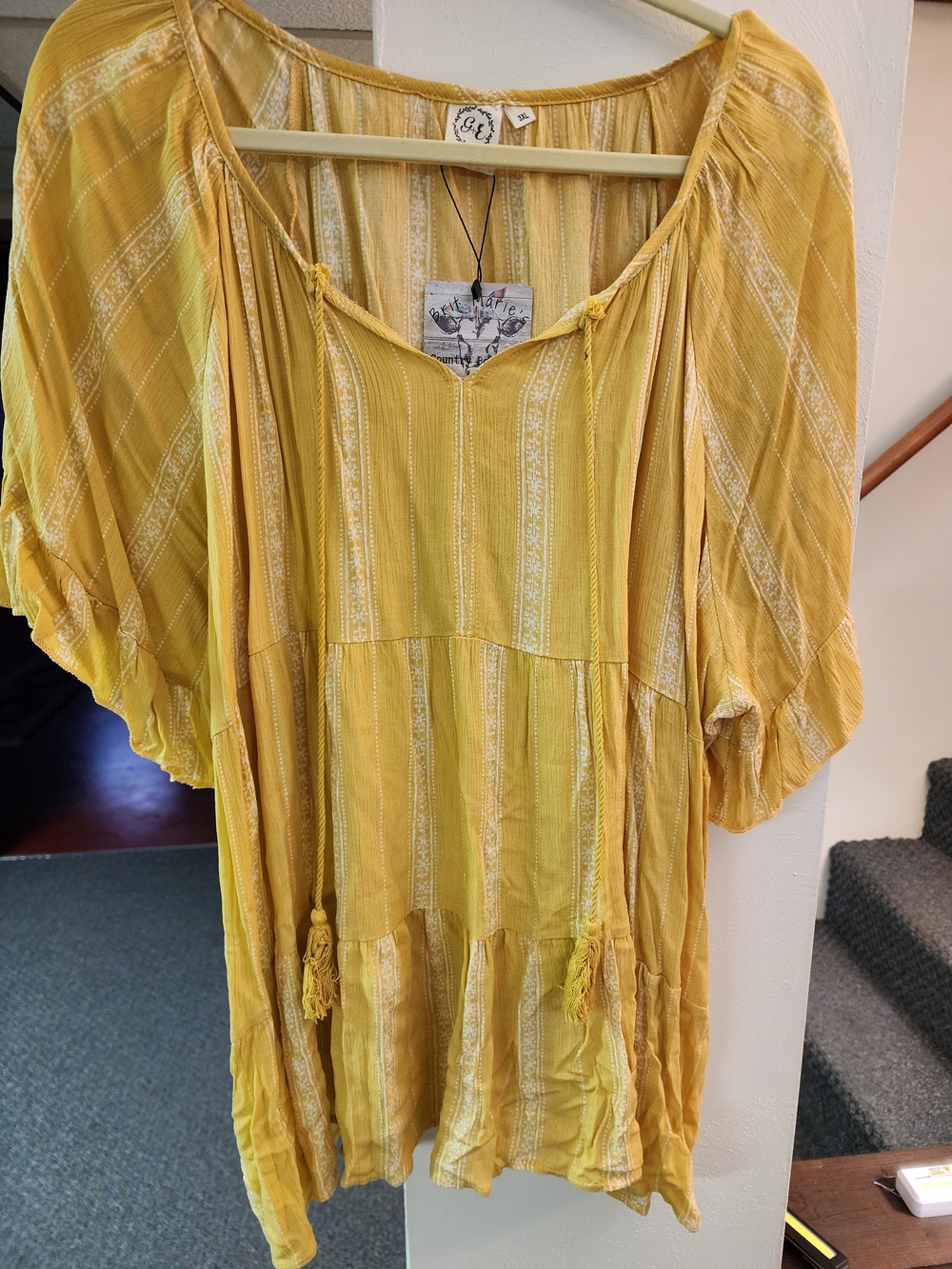 Grace & Emma NWT Women’s Yellow Peasant Blouse with Tassel Ties